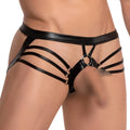 Black faux leather harness-style briefs with multiple straps and central ring detail Miami Jock MJE050 jockstrap
