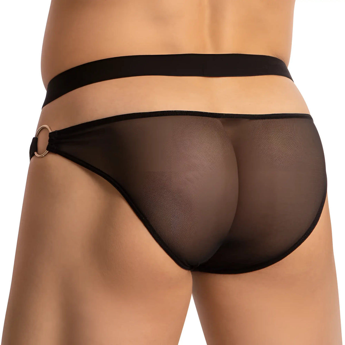 Black mesh Miami Jock MJJ005 brief with solid black waistband and metallic ring side detail for breathable support