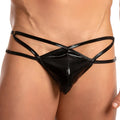 Black patent leather Miami Jock MJL027 G-string thong with crisscross back straps shown from the back side