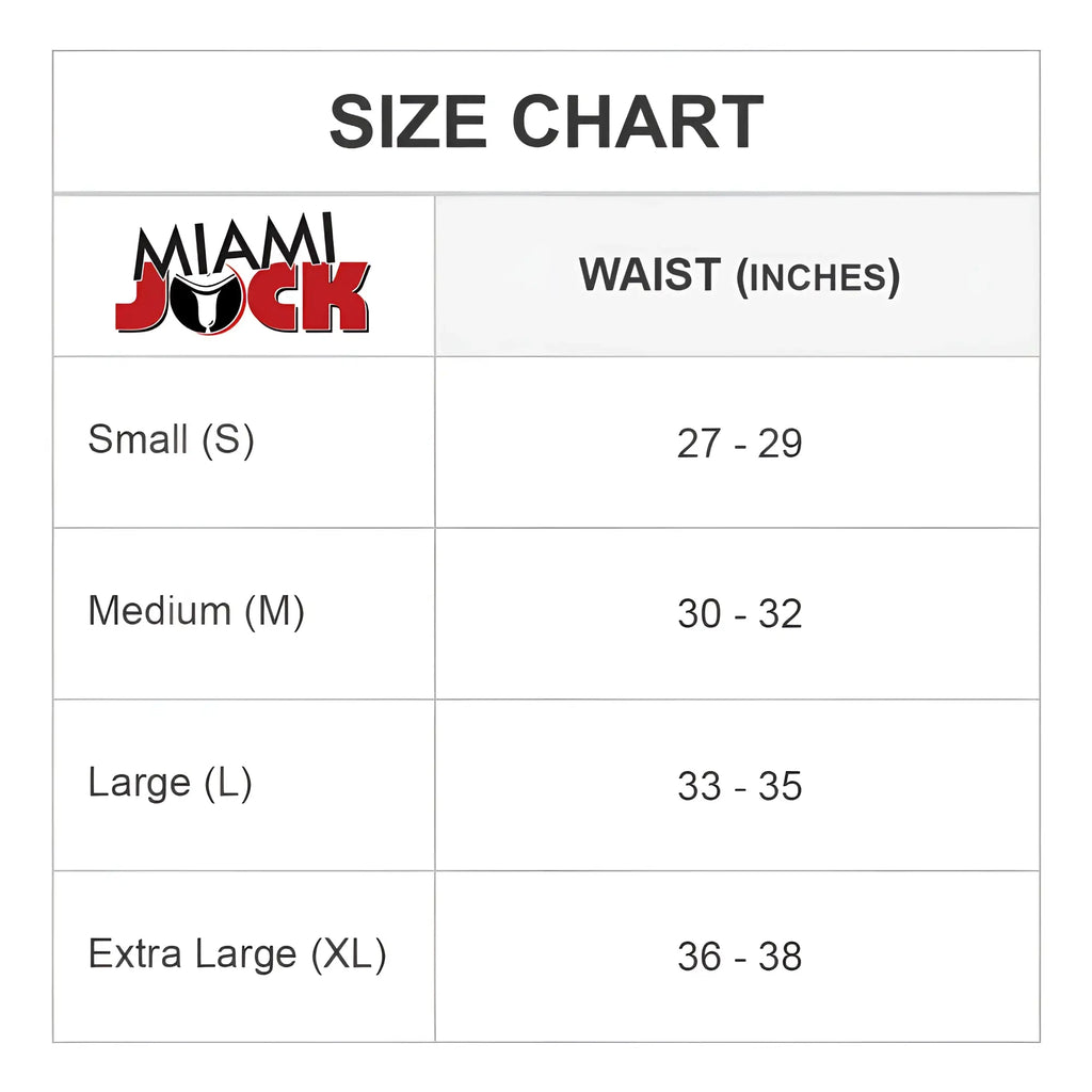 Miami jock mjl031 g-string waist size chart in inches showing measurement ranges for menâ€™s underwear fit