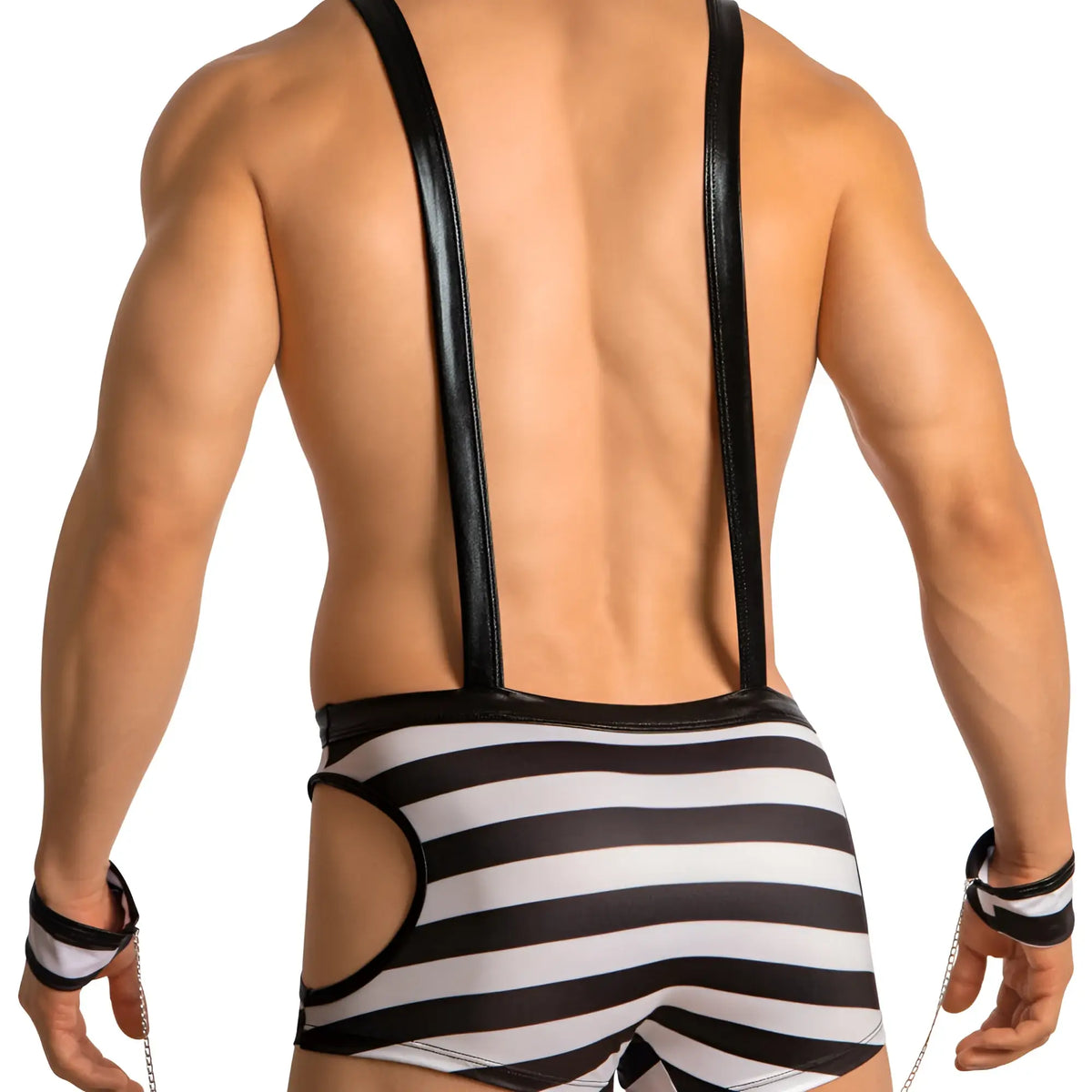 Black and white striped leather harness costume with adjustable straps from miami jock mjt003 set visible from back