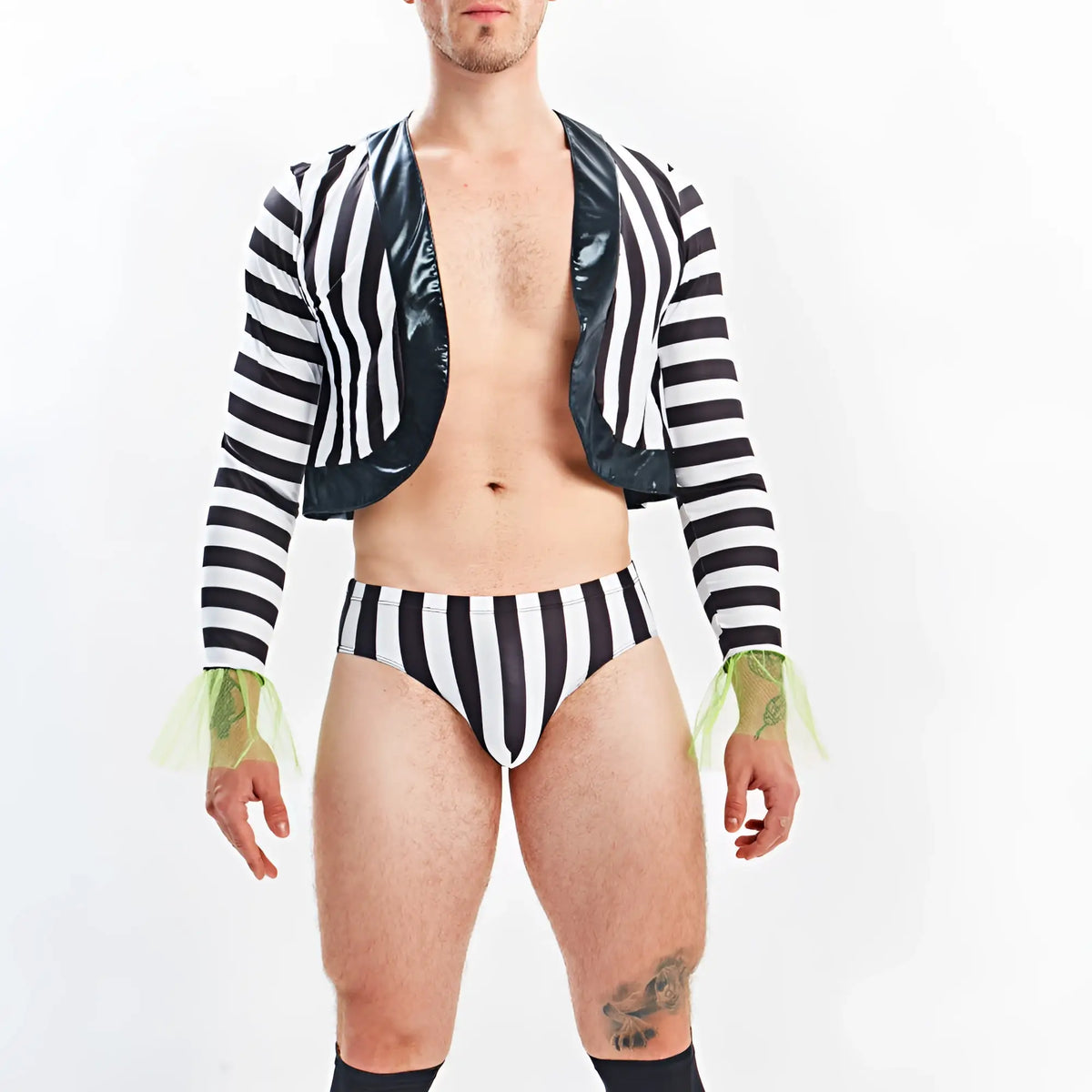Black and white striped Miami Jock MJT009 costume set with shiny black patent leather lapels cuffs and waistband