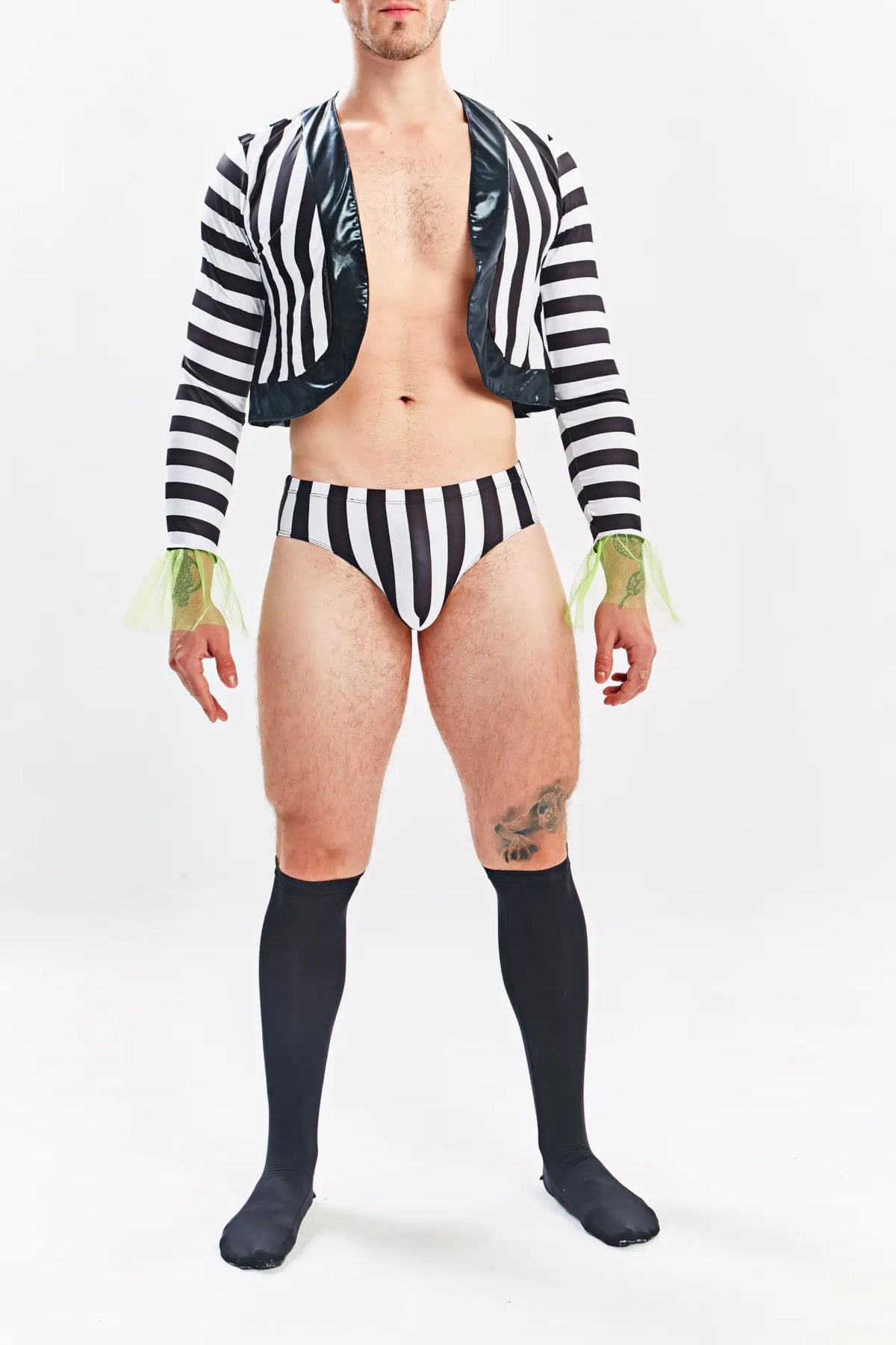 Black and white striped latex jacket with green sheer cuffs from Miami Jock MJT009 Set front view