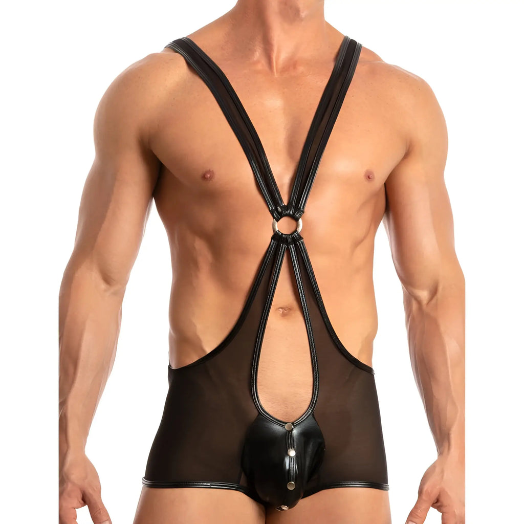 Black faux leather harness bodysuit with sheer mesh front and metallic ring at center back shown from the back side
