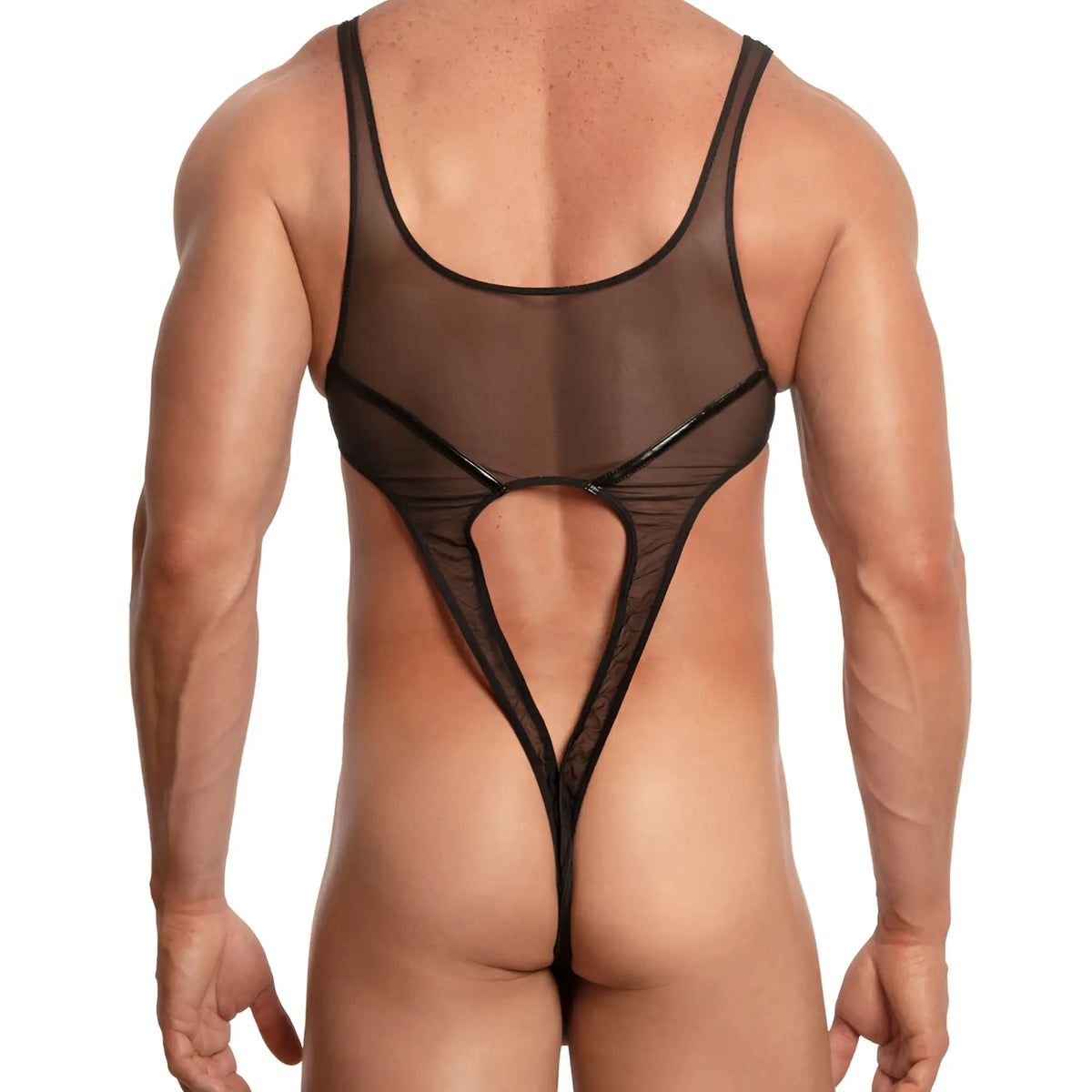 Back view of black sheer mesh miami jock mjv027 one-piece swimsuit with plunging back cutout and black trim