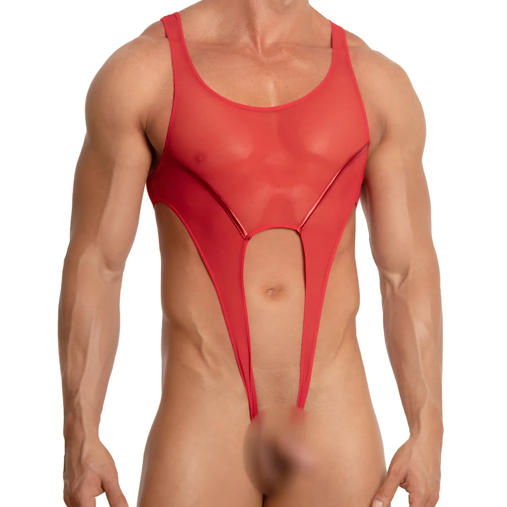 Red sheer mesh Miami Jock MJV027 bodysuit and harness one-piece swimsuit with plunging front cutout and thin straps