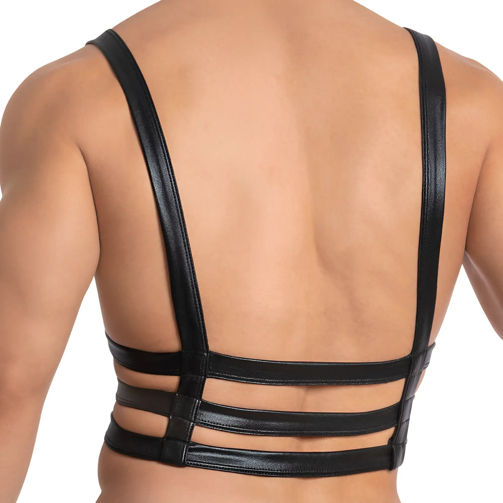 Black faux leather Miami Jock MJV030 bodysuit and harness backless top with strappy multiple horizontal bands
