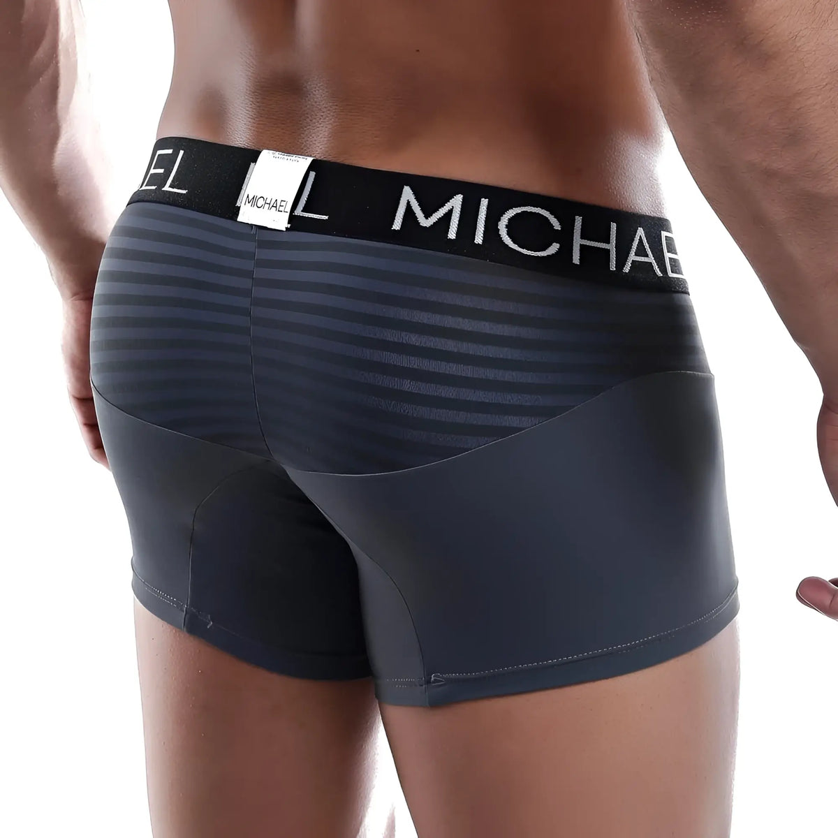 Dark gray michael MLG010 boxer trunk briefs with black waistband and white michael lettering for comfortable wear