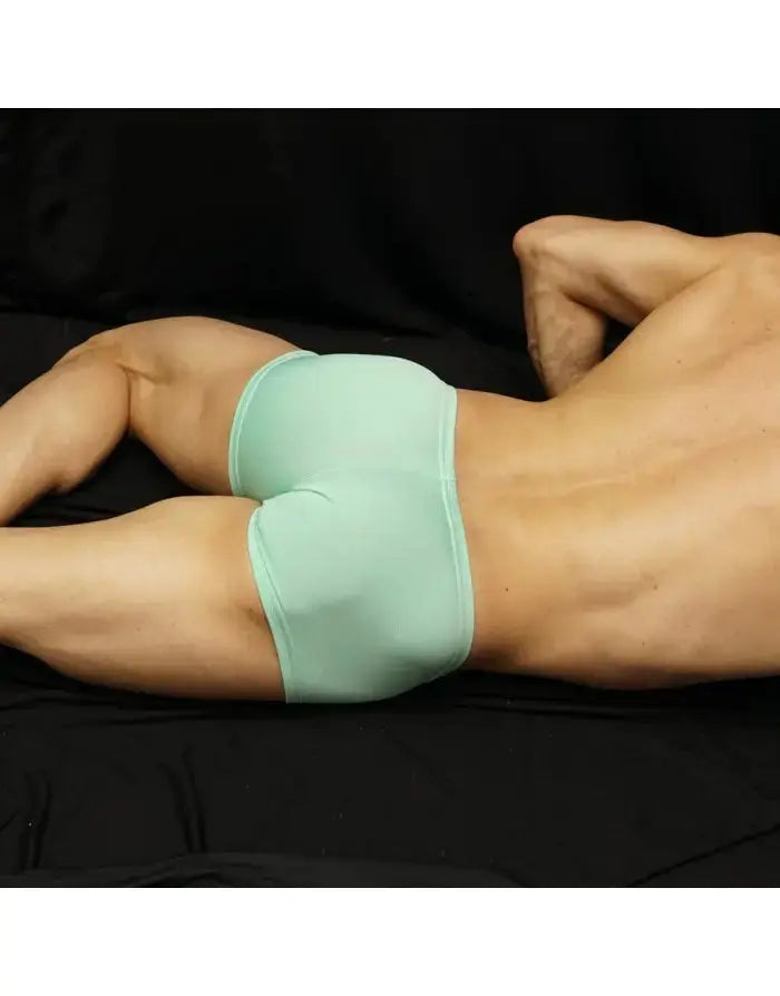 Light turquoise men's boxer underwear by Arroyman featuring a snug fit and smooth fabric shown on a model from the back.