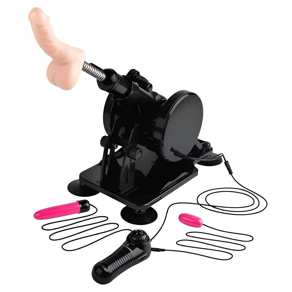 Black mechanical adult toy with pink vibrating attachments and realistic silicone phallus head mixjoy cannon sex machine