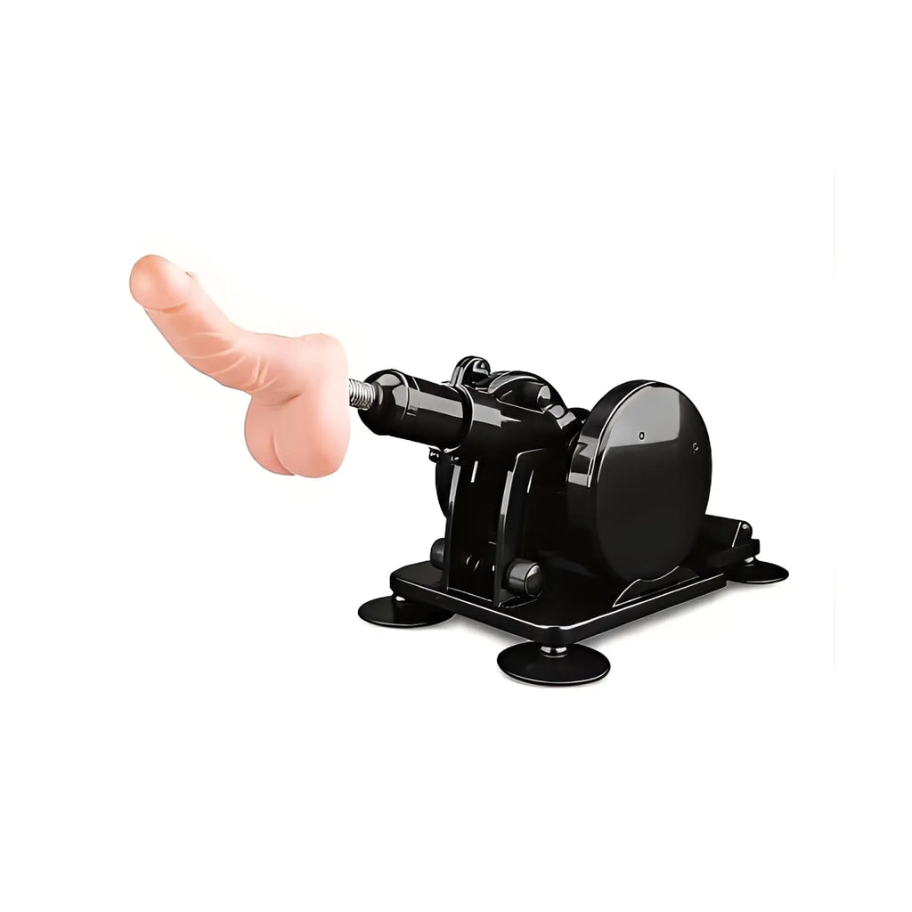 Black mechanical MixJoy Cannon sex machine with pink silicone dildo attachment and wired remote for hands-free use
