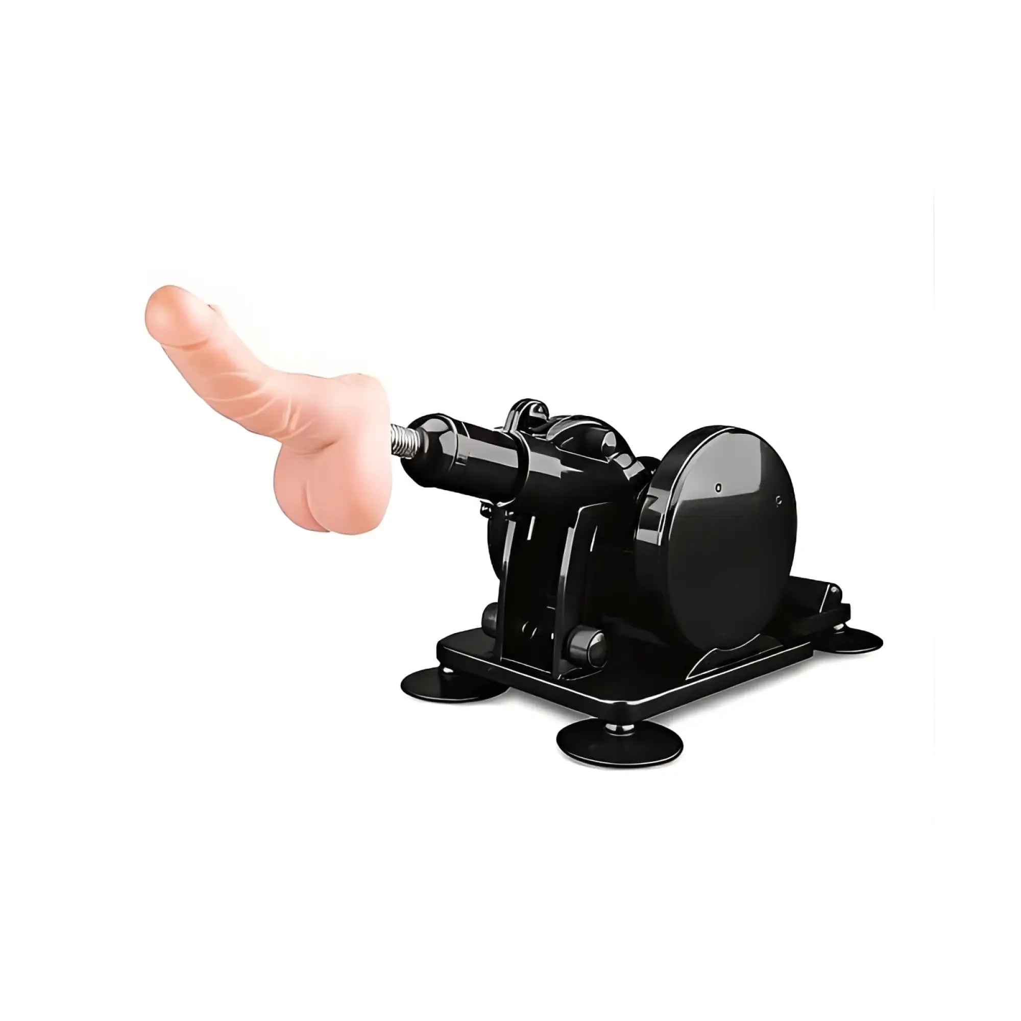 Black mechanical MixJoy Cannon sex machine with pink silicone dildo attachment and wired remote for hands-free use