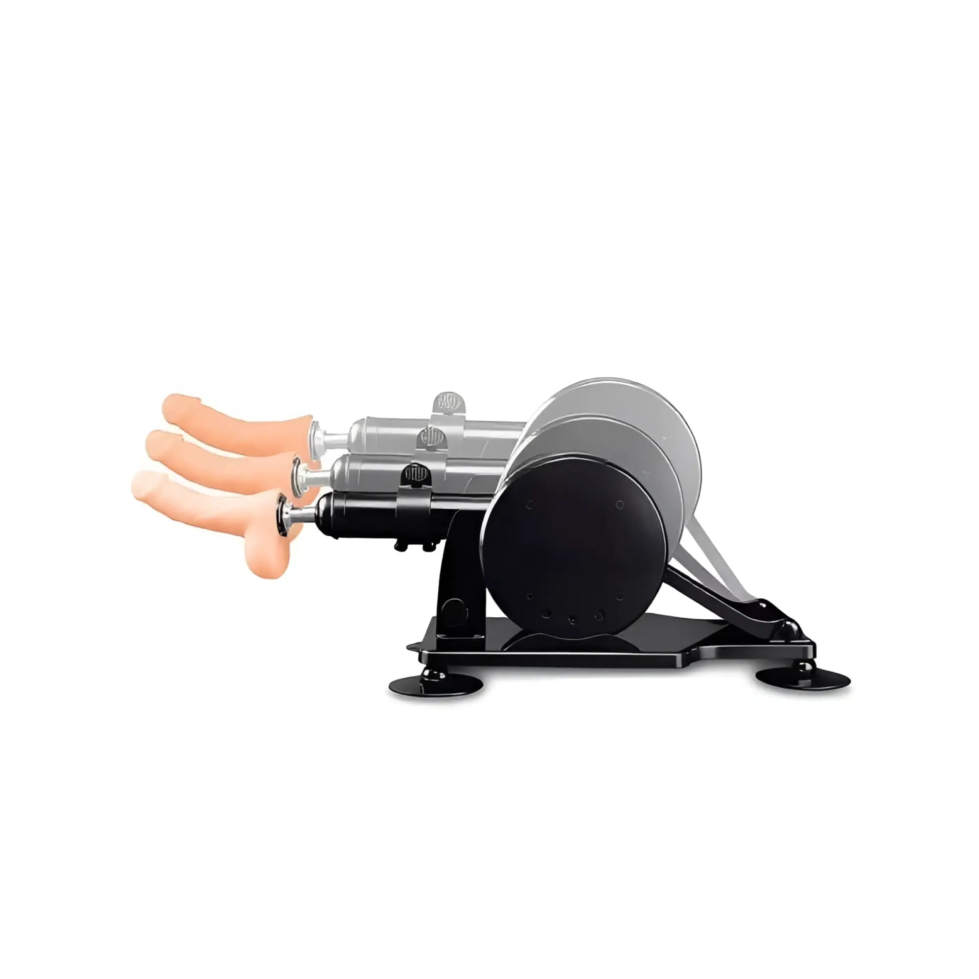 Black and silver mixjoy cannon sex machine with wired remote and three flesh-toned silicone attachments displayed