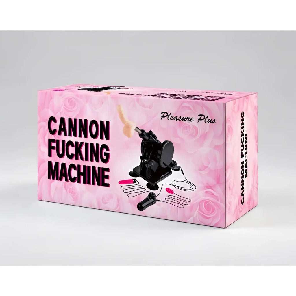 Pink box featuring black mixjoy cannon sex machine with wired remote and rose pattern accessories for pleasure plus