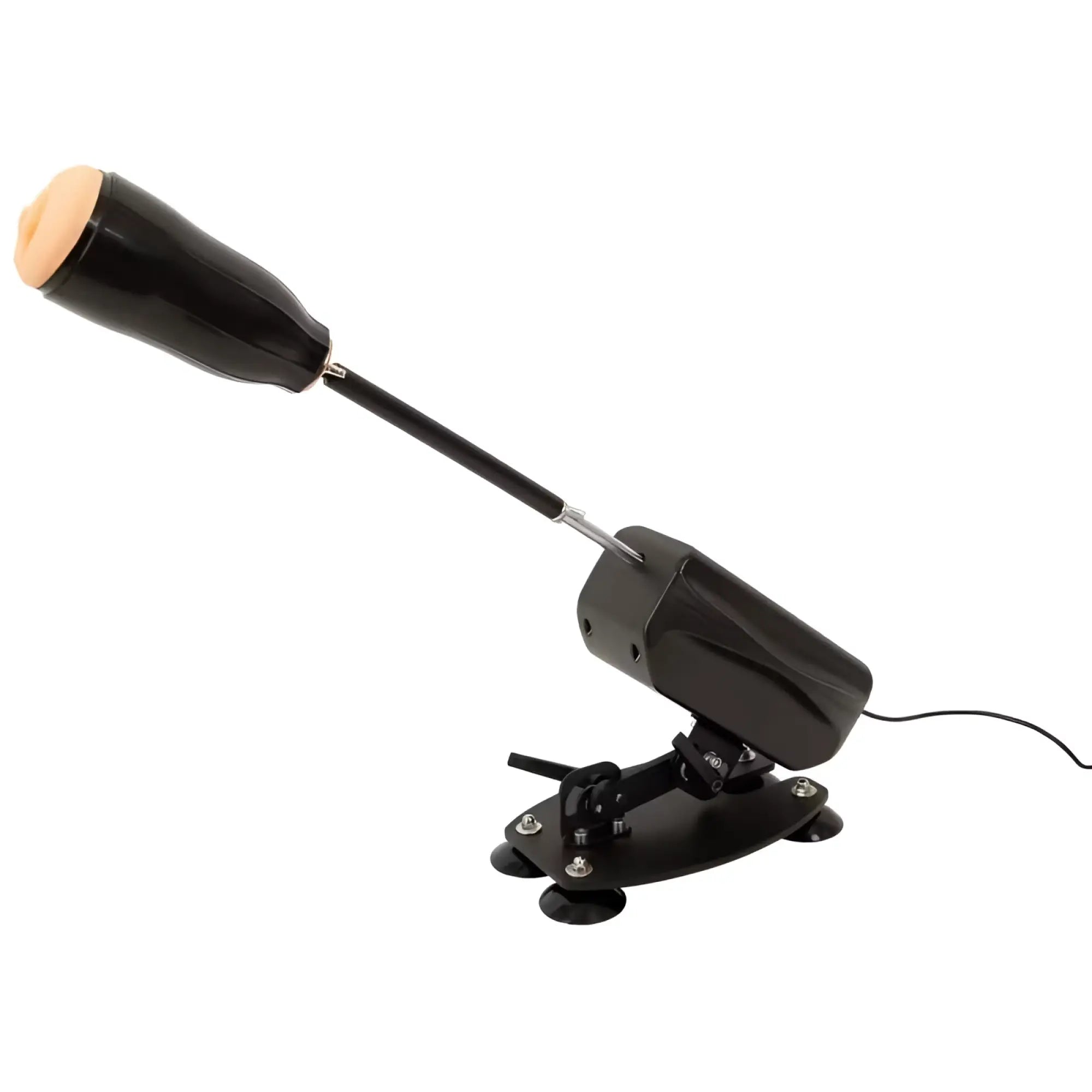 Black electric dildo with beige silicone head and metallic shaft on black base mixjoy deluxe sex machine with remote control