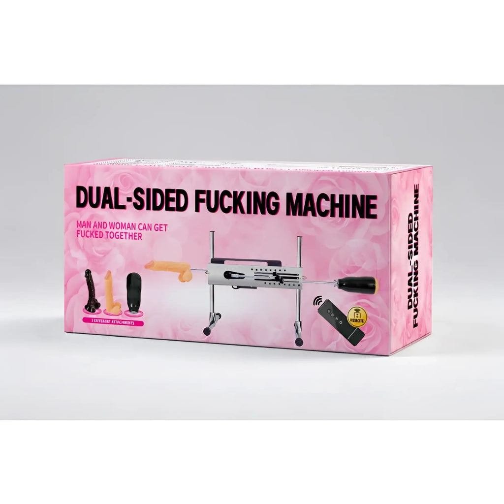 Pink box featuring a silver and black double ended remote control sex machine by mixjoy for hands-free use