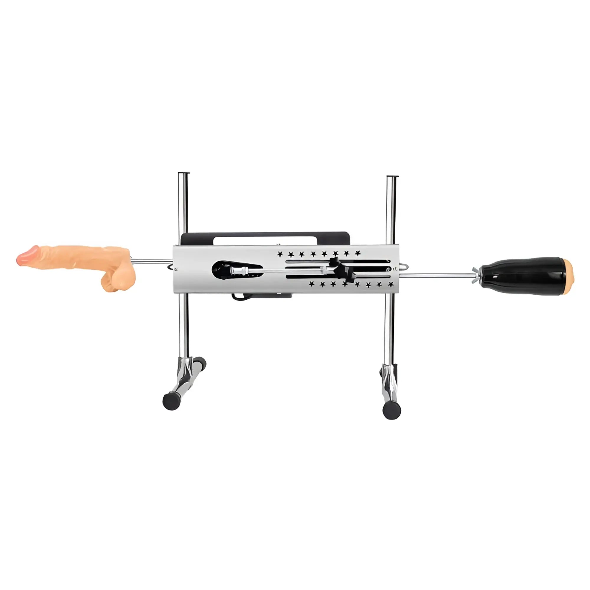 Silver metal double ended remote control sex machine with black handle and orange silicone attachments