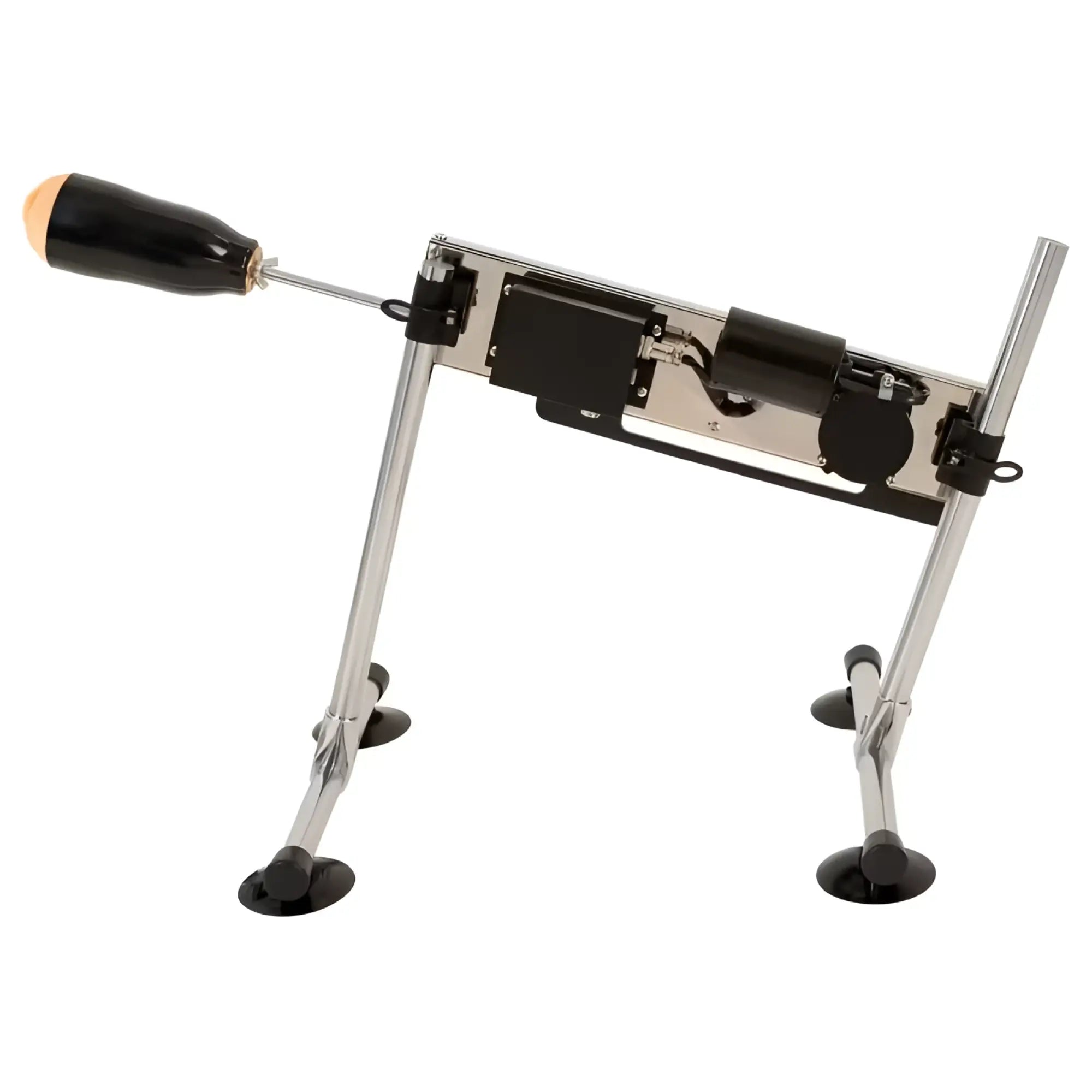 Silver metal frame mixjoy double ended remote control sex machine with black plastic components wooden handle and adjustable legs
