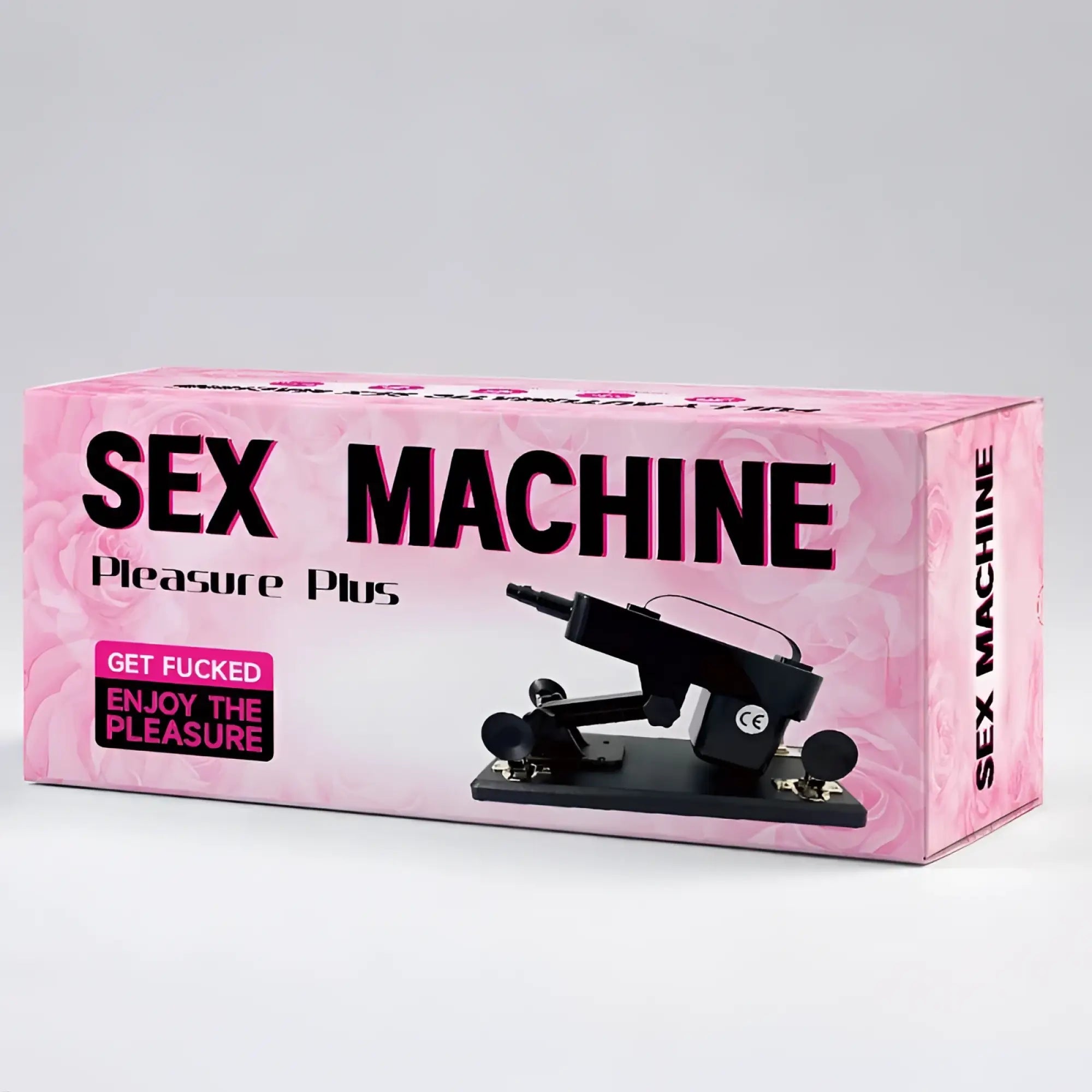 Black mechanical sex machine with adjustable arms and wheels next to pink pleasure plus box labeled sex machine