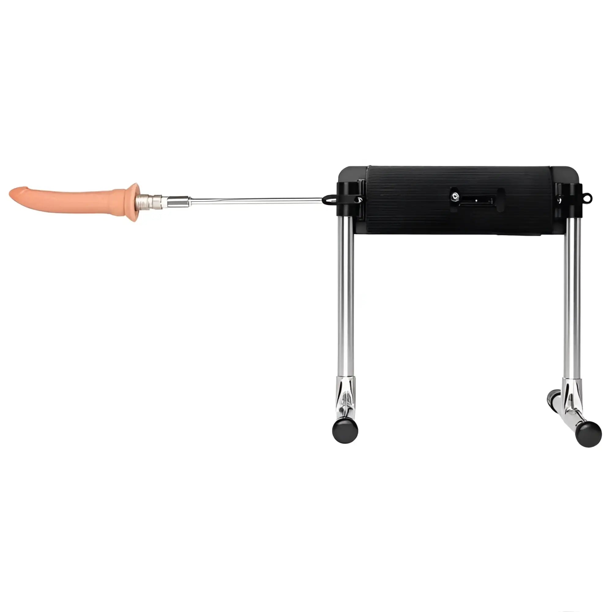 Black metal stand with peach-colored dildo attachment on mixjoy premium remote control mains powered thrusting sex machine