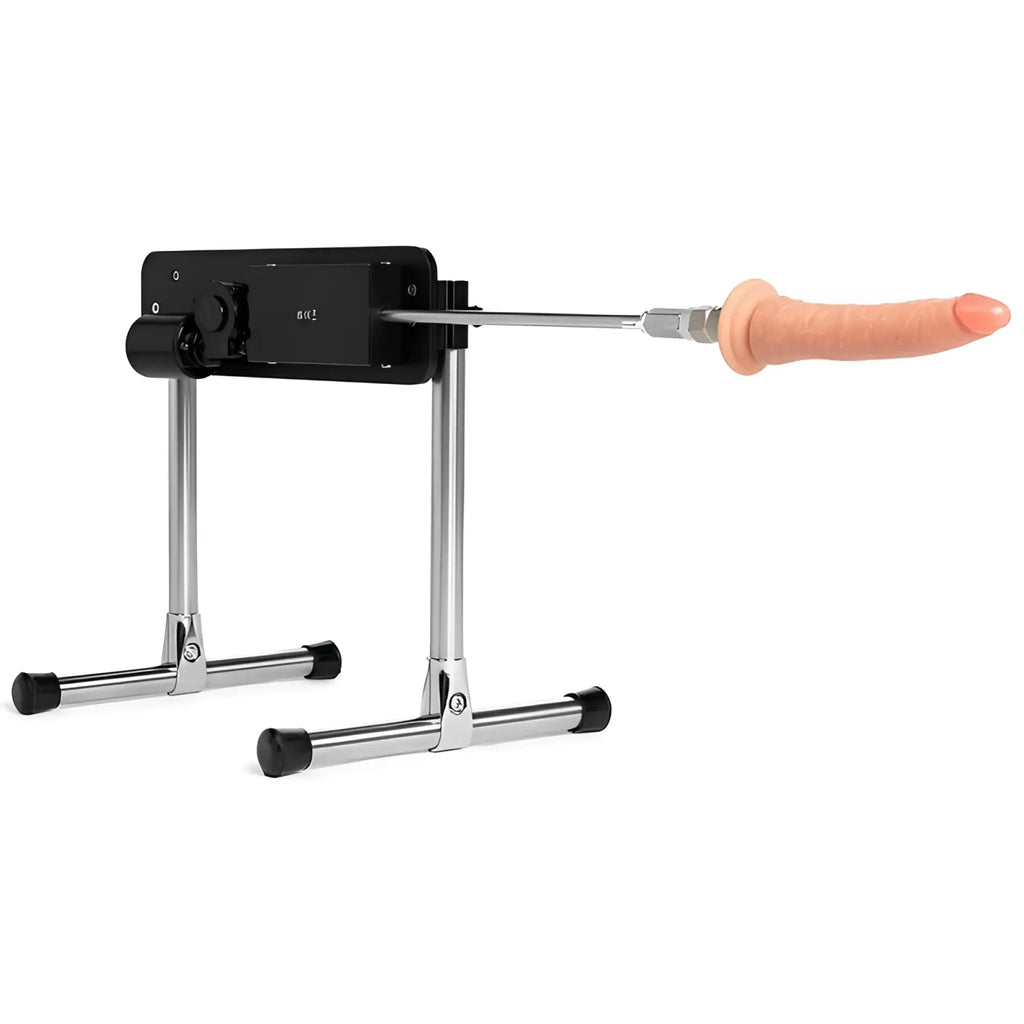Black and silver metal stand with peach silicone dildo attachment of MixJoy premium remote control thrusting sex machine