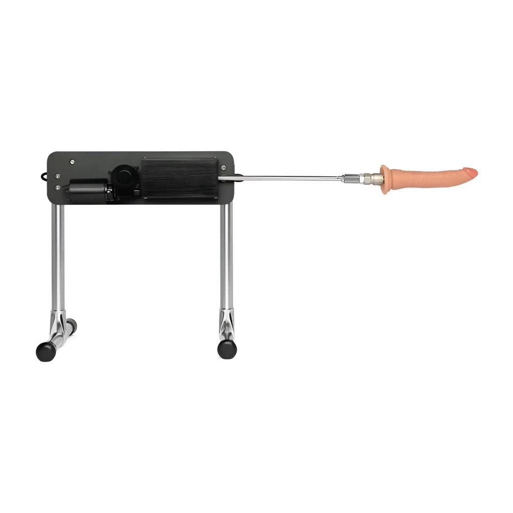 Black and silver mechanical dildo stimulator with peach silicone head in mixjoy premium remote control thrusting sex machine