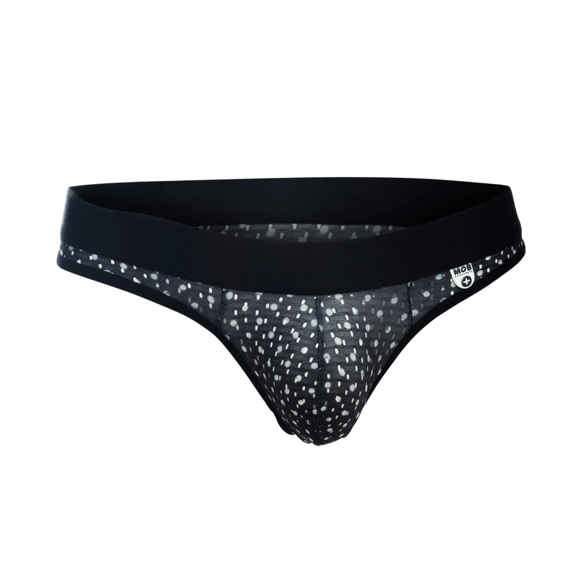 MOB Aero Jock black and white polka dot mesh briefs with solid black waistband front view