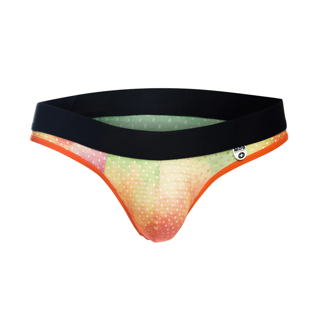 MOB Aero Jock briefs with vibrant gradient pattern, black waistband, orange trim, and white polka dots