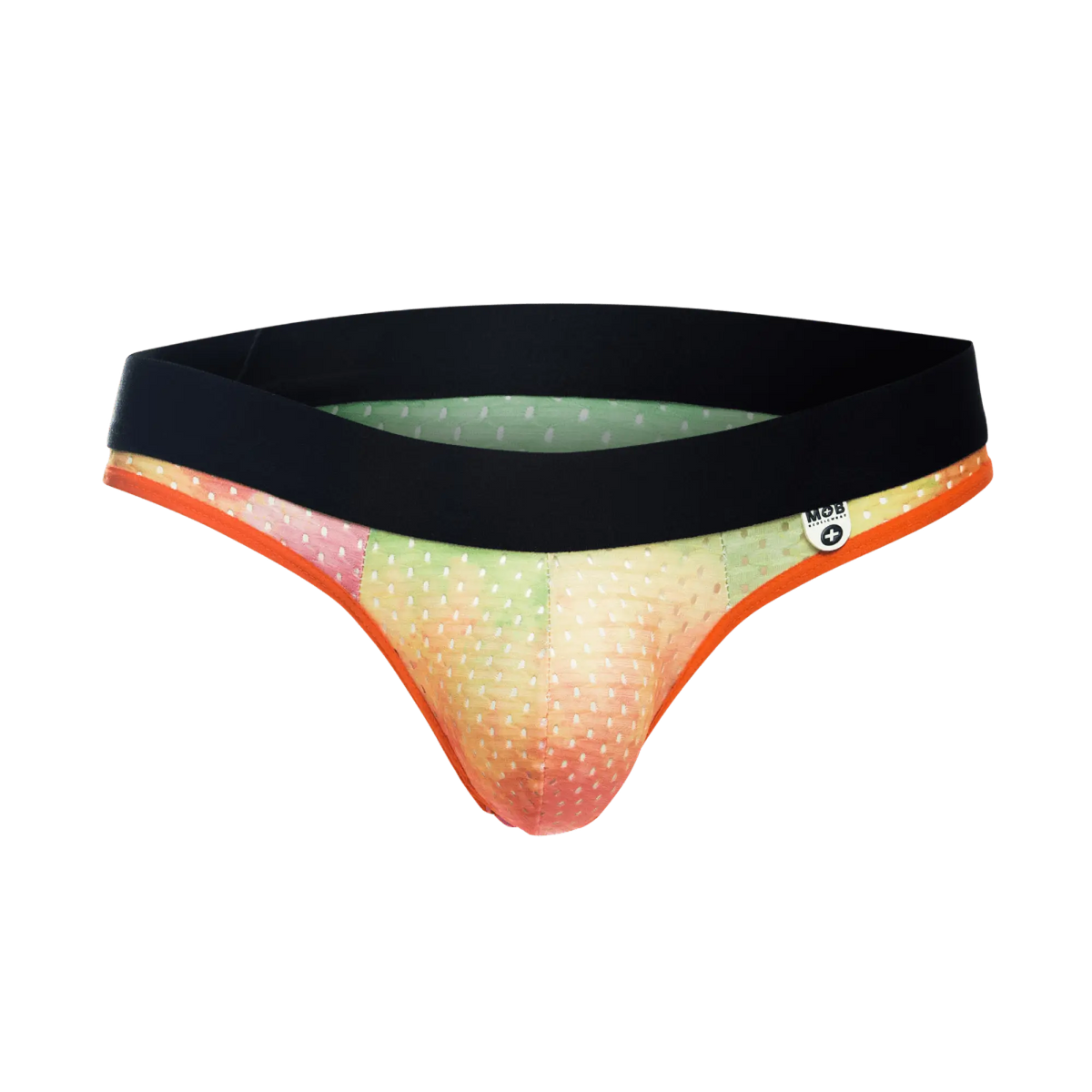 MOB Aero Jock briefs with vibrant gradient pattern, black waistband, orange trim, and white polka dots
