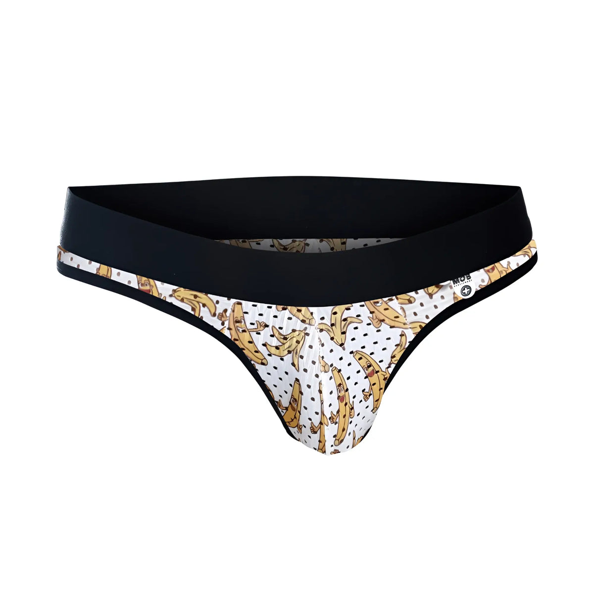 White thong with banana pattern black waistband and trim playful design from MOB Aero Jock collection front view
