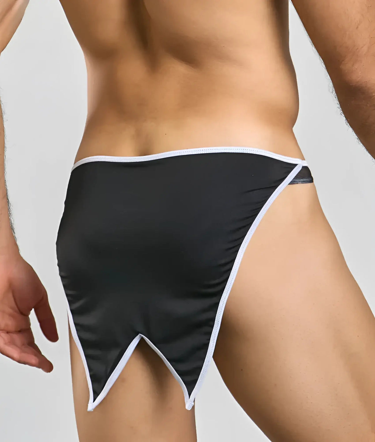Black satin briefs with white trim and pointed triangular cutouts at leg openings for mob buttler costume