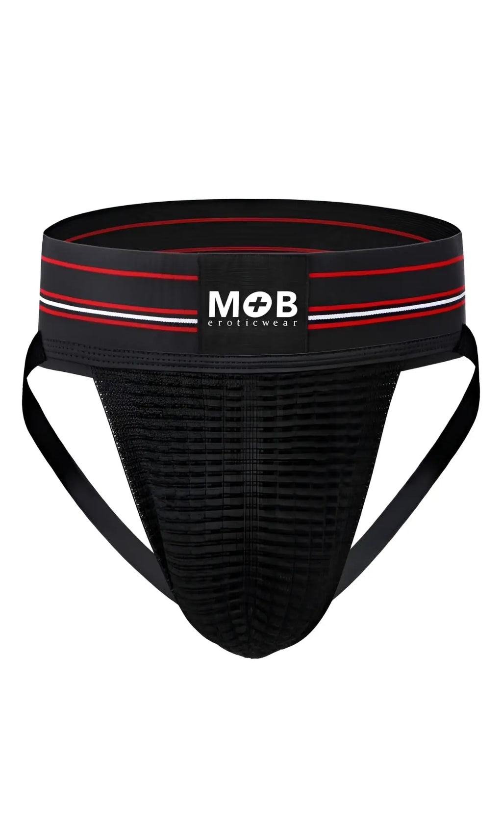 Black mesh jockstrap with a red and white striped waistband featuring the MOB Eroticwear logo.