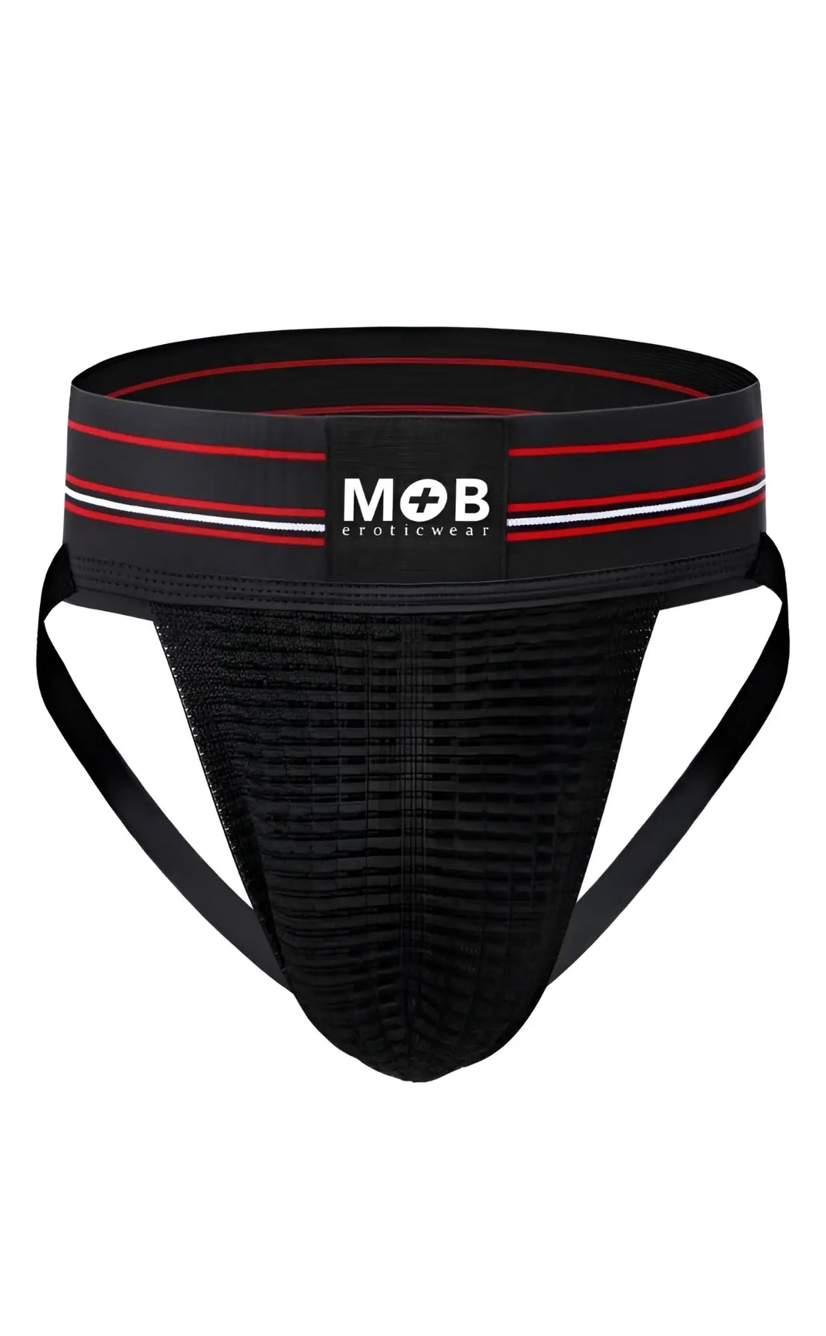 Black mesh jockstrap with a red and white striped waistband featuring the MOB Eroticwear logo.