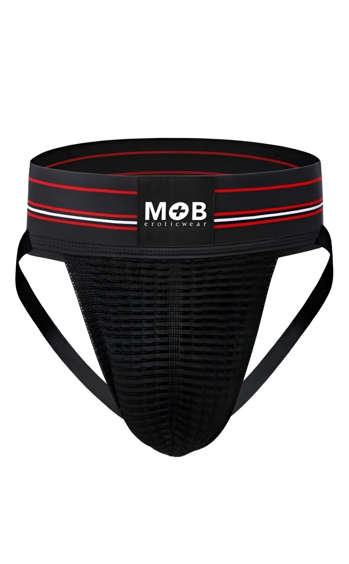 Men 3 inch wide classic jockstrap in black mesh with red and white striped waistband featuring mob eroticwear logo