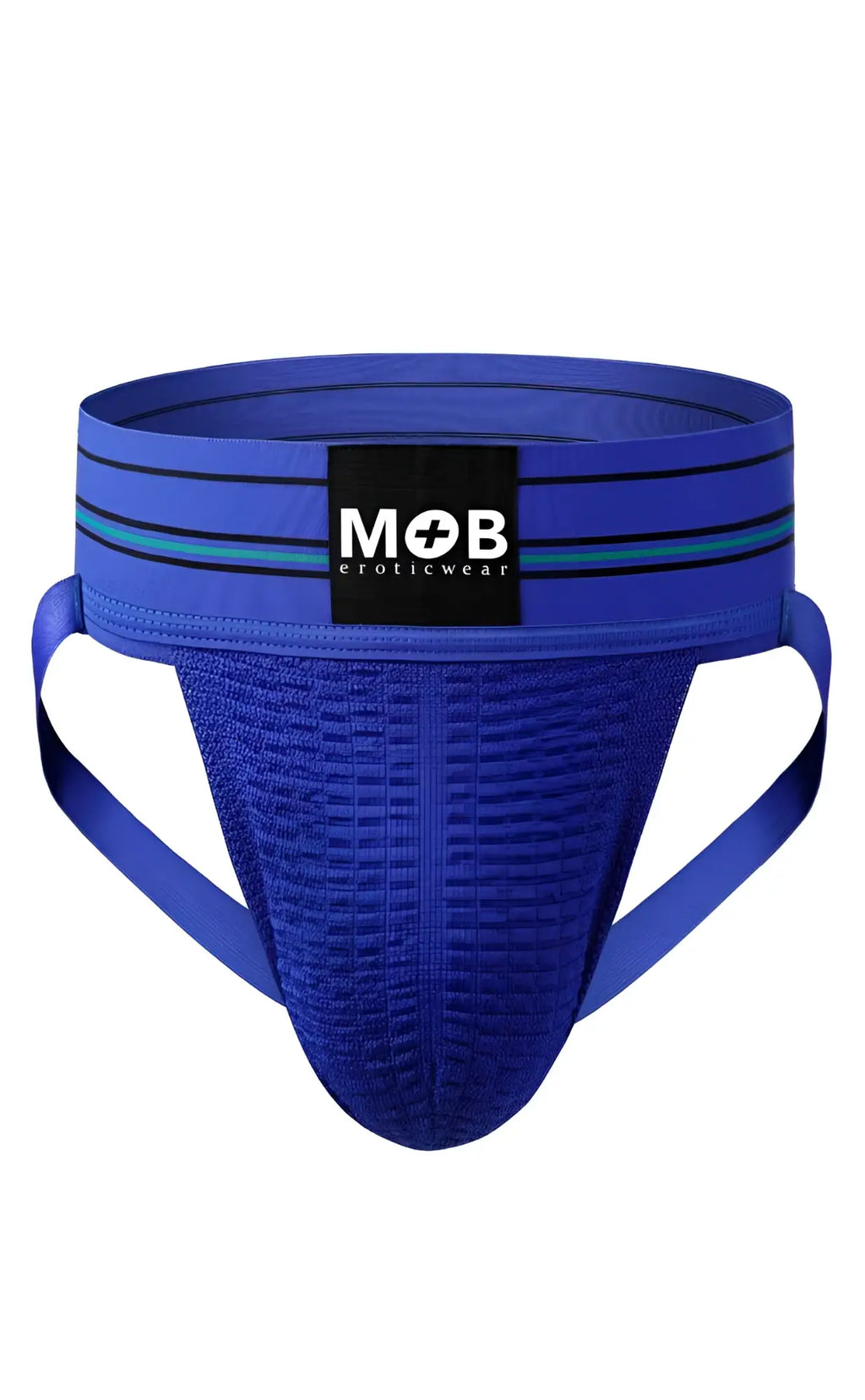 Blue textured athletic brief with black and teal striped waistband featuring mob eroticwear label men 3 inch jockstrap