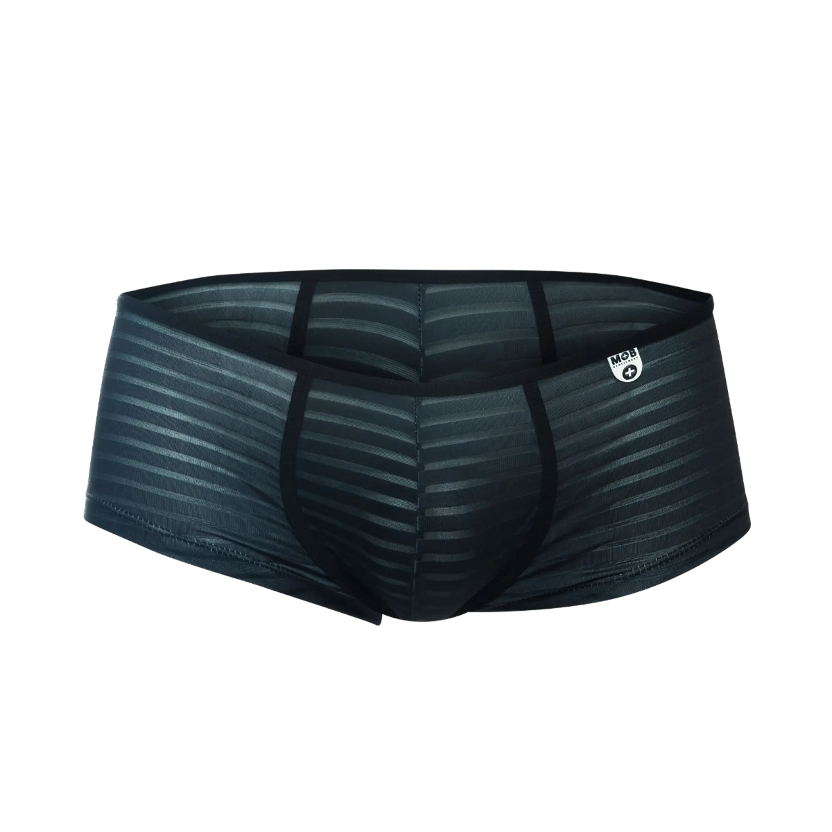 MOB Boyshort black menâ€™s briefs with subtle striped pattern and reinforced side seams shown from the back side