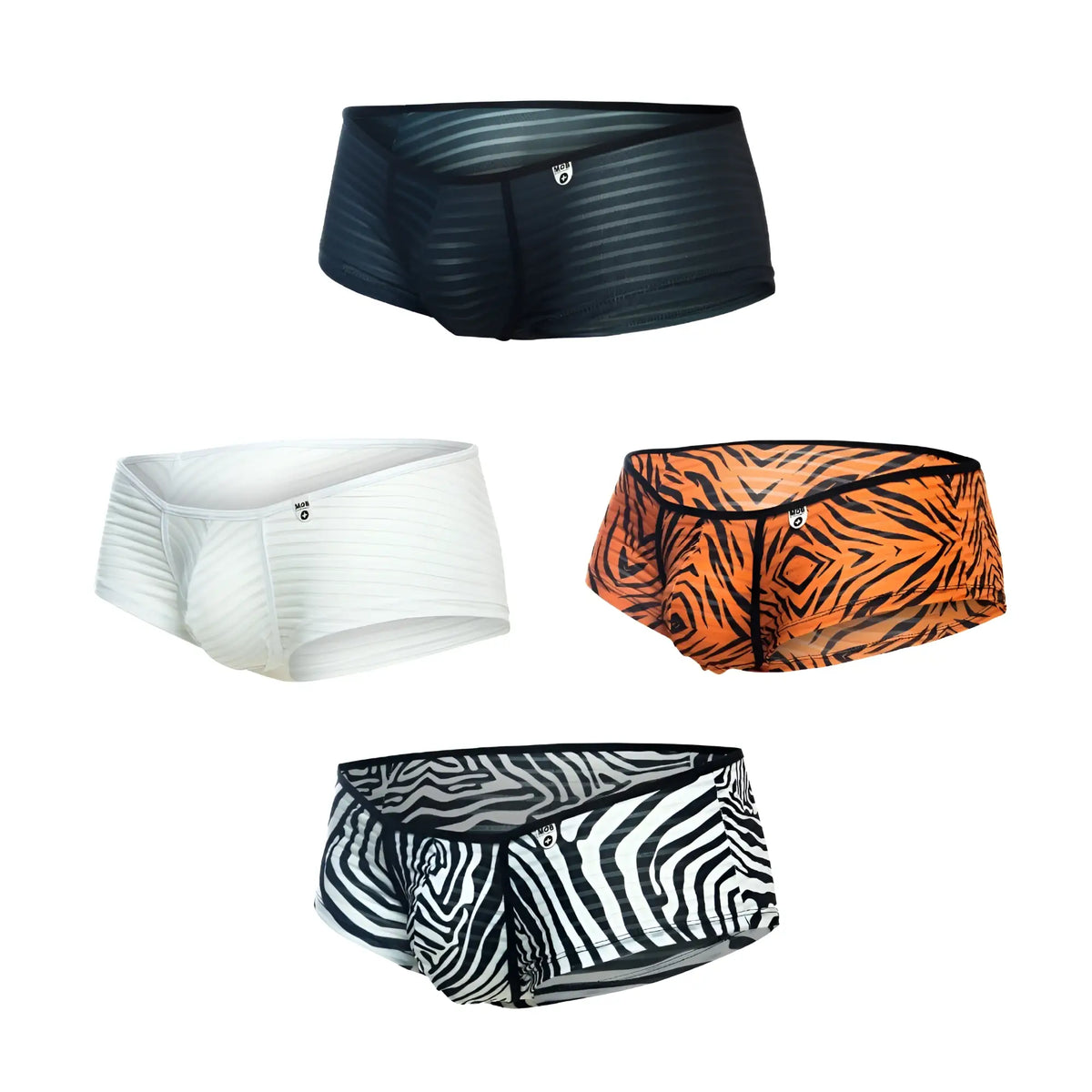 Mob boyshort black striped menâ€™s briefs with subtle sheen and small logo on the waistband front view