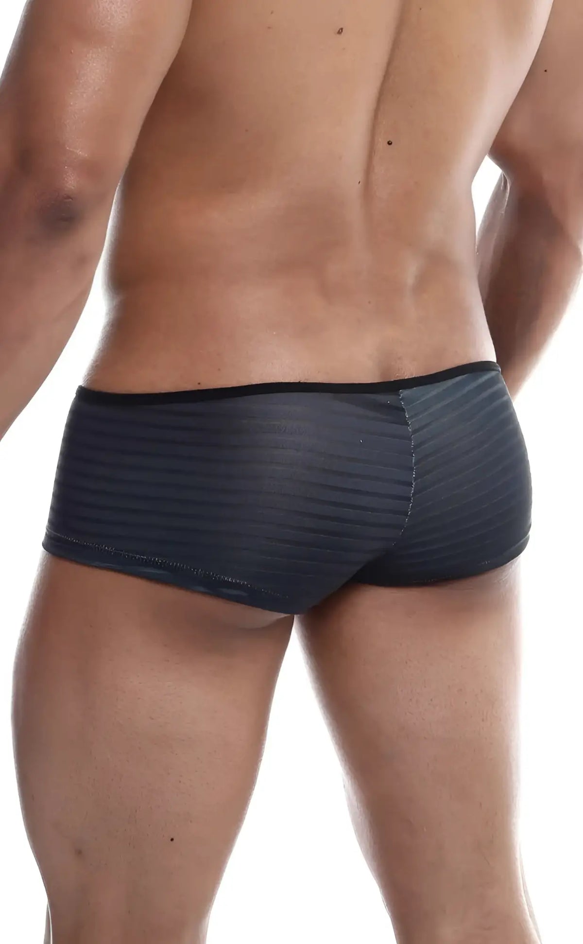 Black striped menâ€™s mob boyshort briefs with subtle textured pattern and elastic waistband