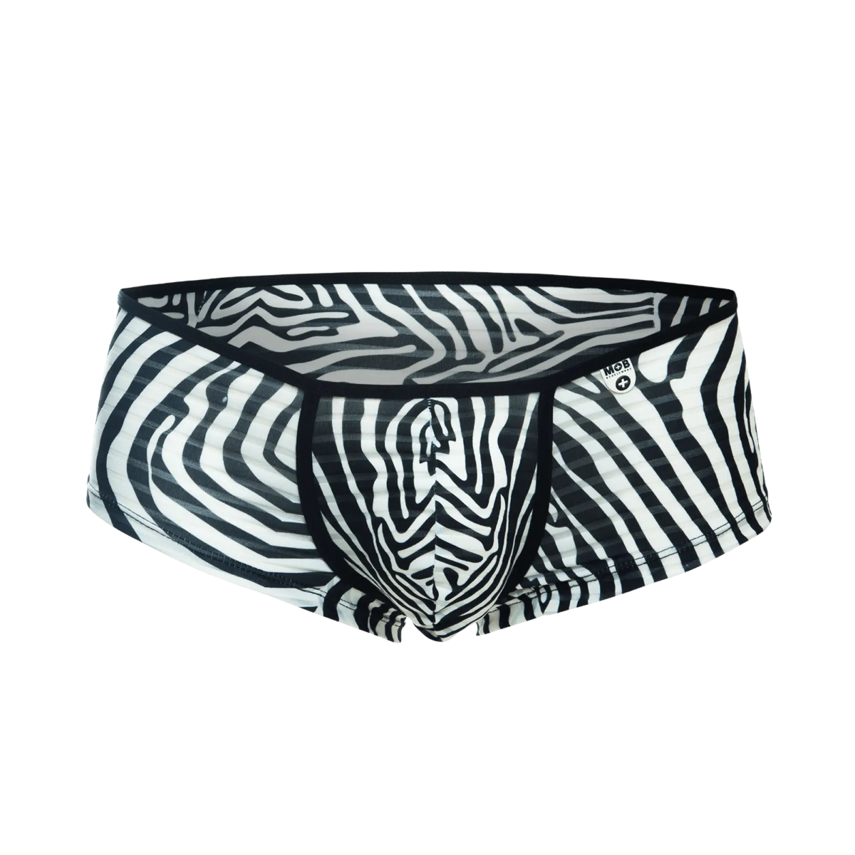 Mob boyshort black and white zebra striped menâ€™s briefs with bold graphic pattern front view