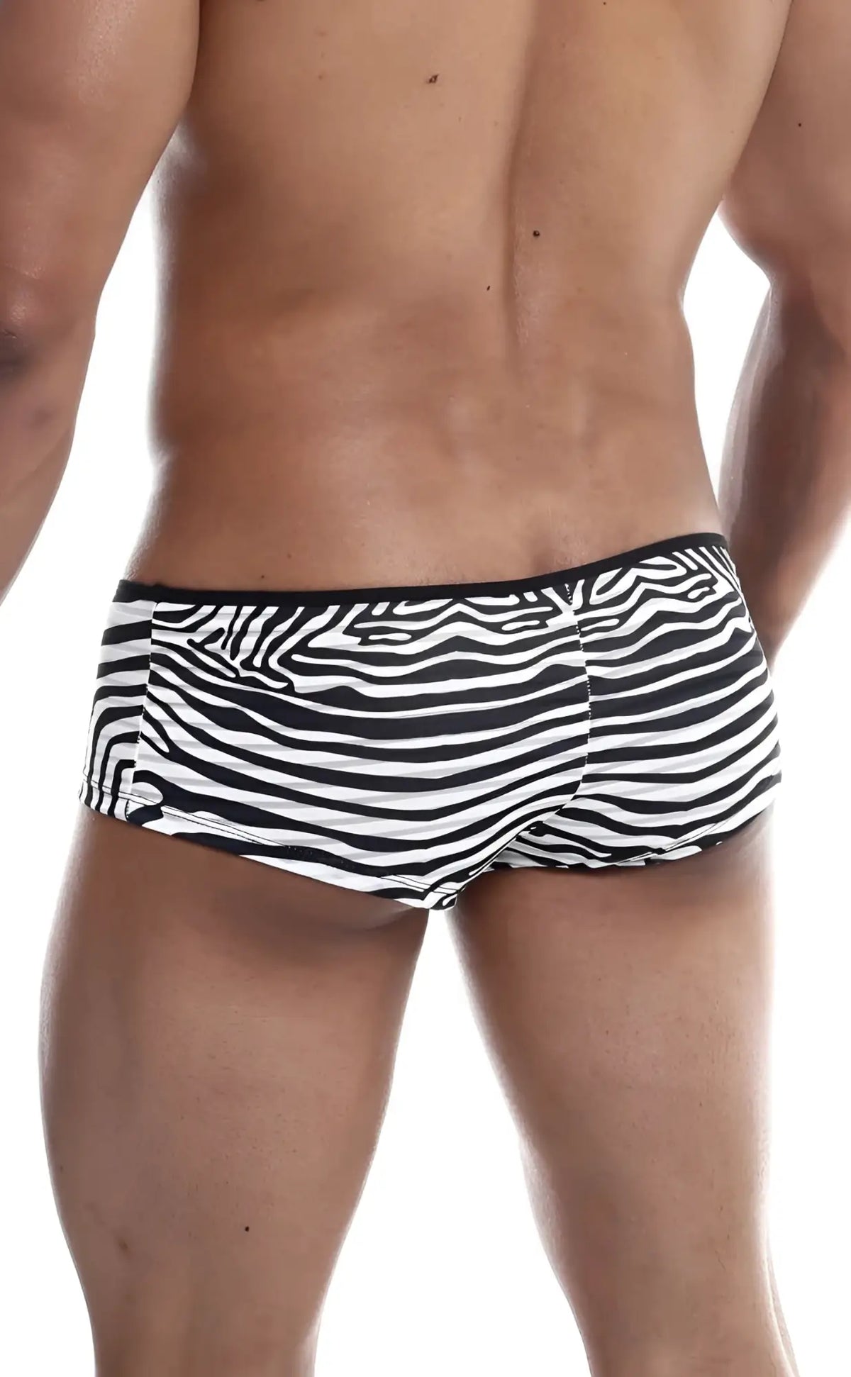 Black and white zebra-striped MOB Boyshort menâ€™s briefs with a snug fit for comfortable everyday wear