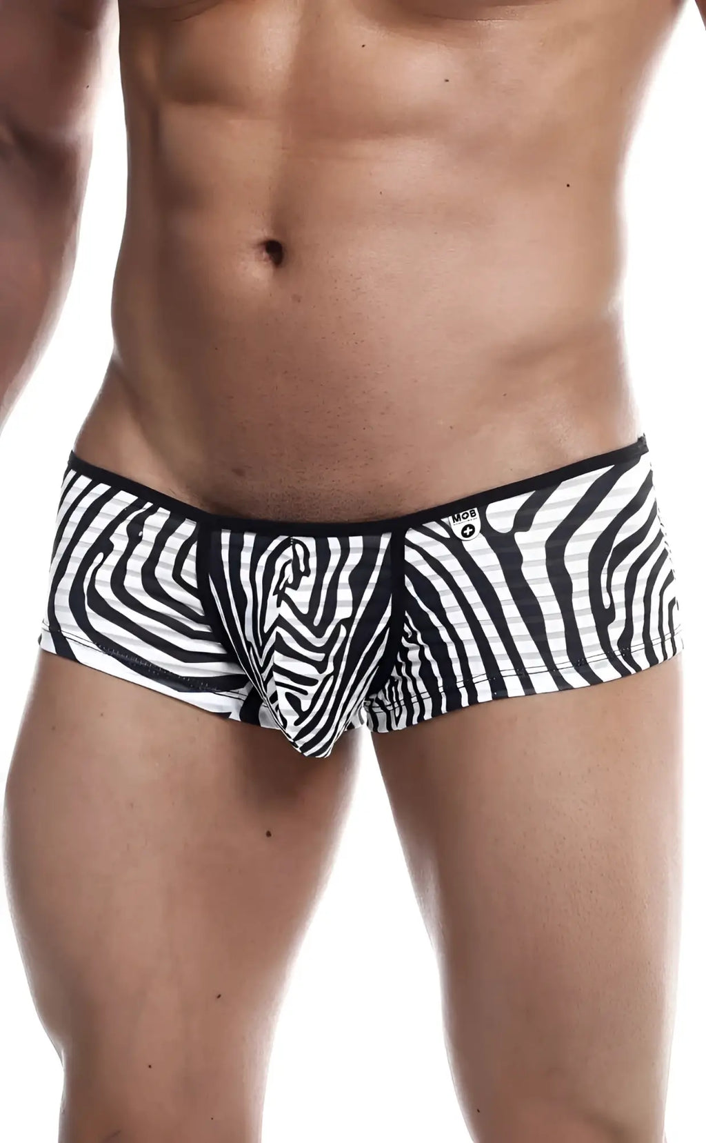 Black and white zebra-striped menâ€™s briefs mob boyshort with a snug fit designed for comfortable everyday wear