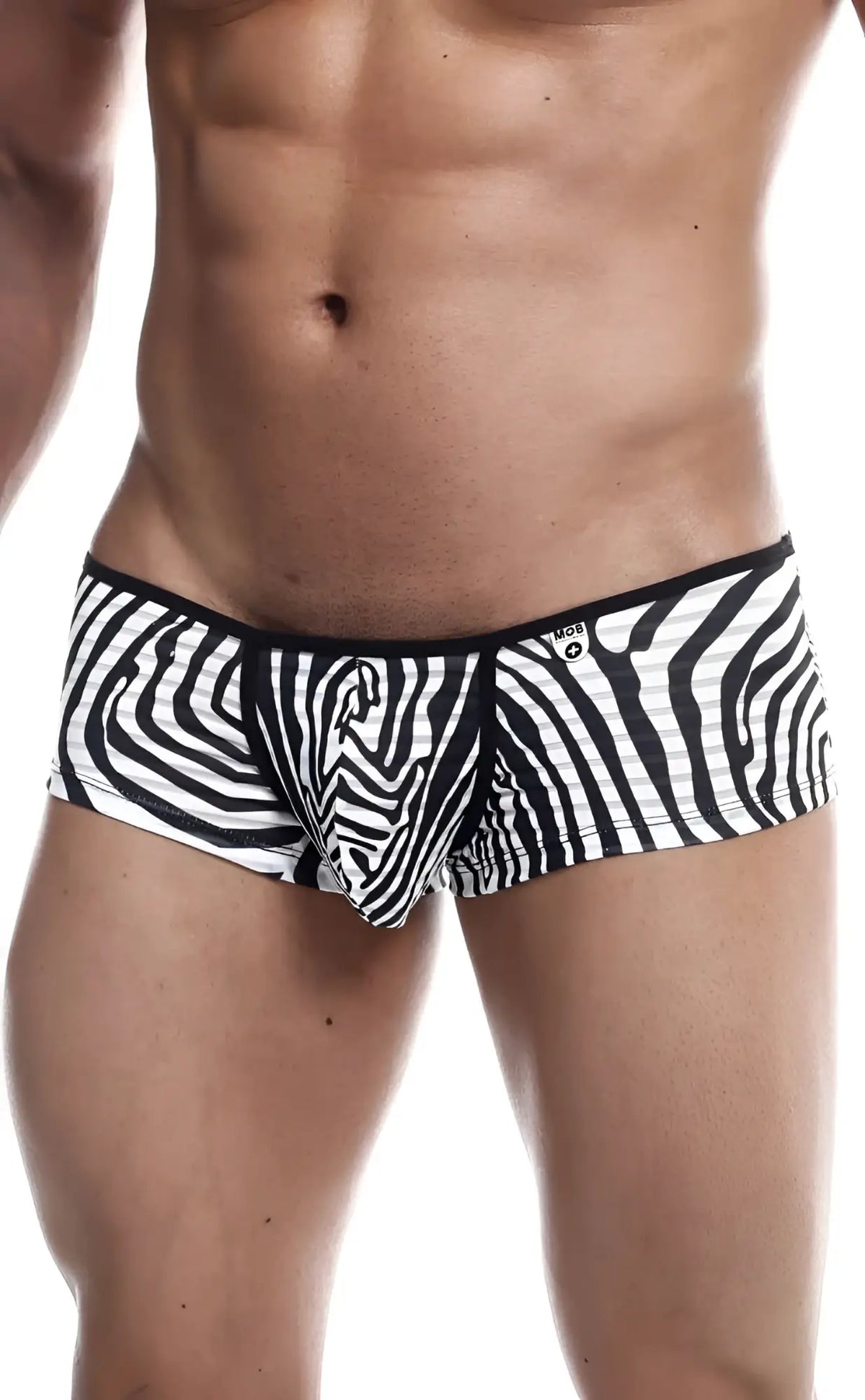 Black and white zebra-striped menâ€™s briefs mob boyshort with a snug fit designed for comfortable everyday wear