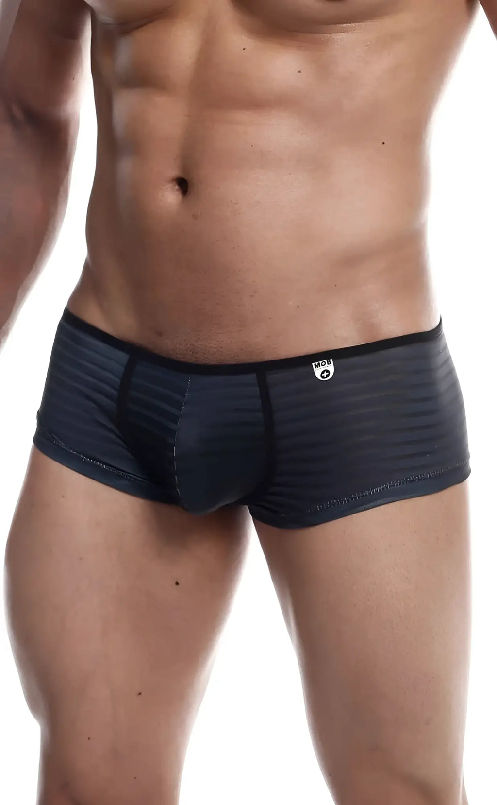 Dark gray ribbed textured menâ€™s briefs with black trim and white logo on waistband mob boyshort product image