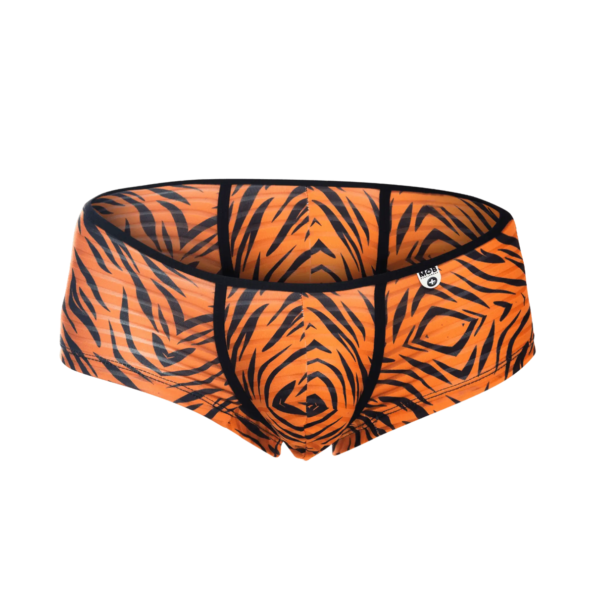Orange tiger-print MOB boyshort briefs with black stripes and a snug, form-fitting design