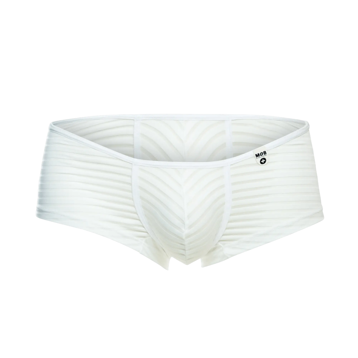 White menâ€™s mob boyshort briefs with ribbed texture chevron pattern and mob logo on the waistband