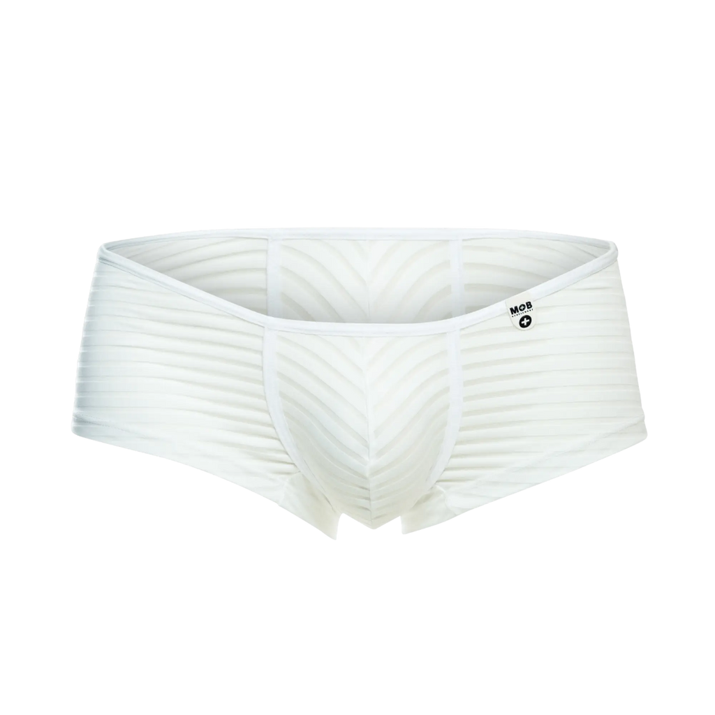 White mob boyshort briefs with ribbed texture and subtle chevron pattern featuring mob logo waistband