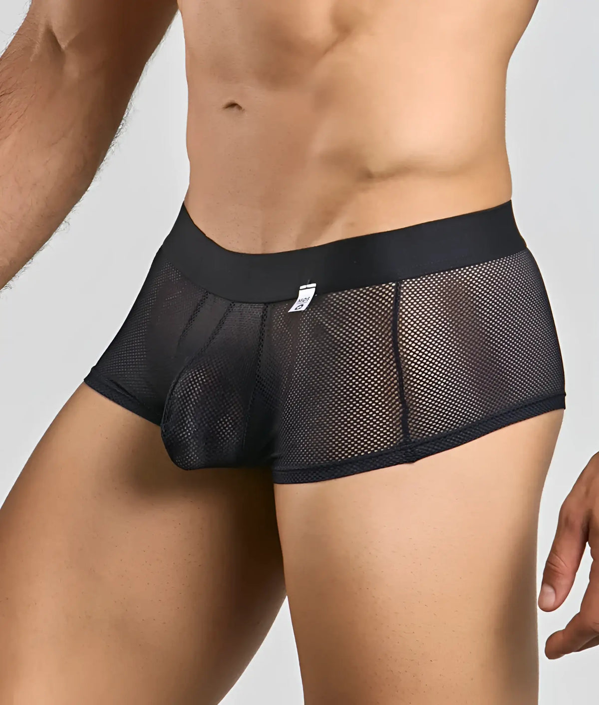 Black mesh mob fishnet boxer briefs with solid black waistband and small white tag visible on front side