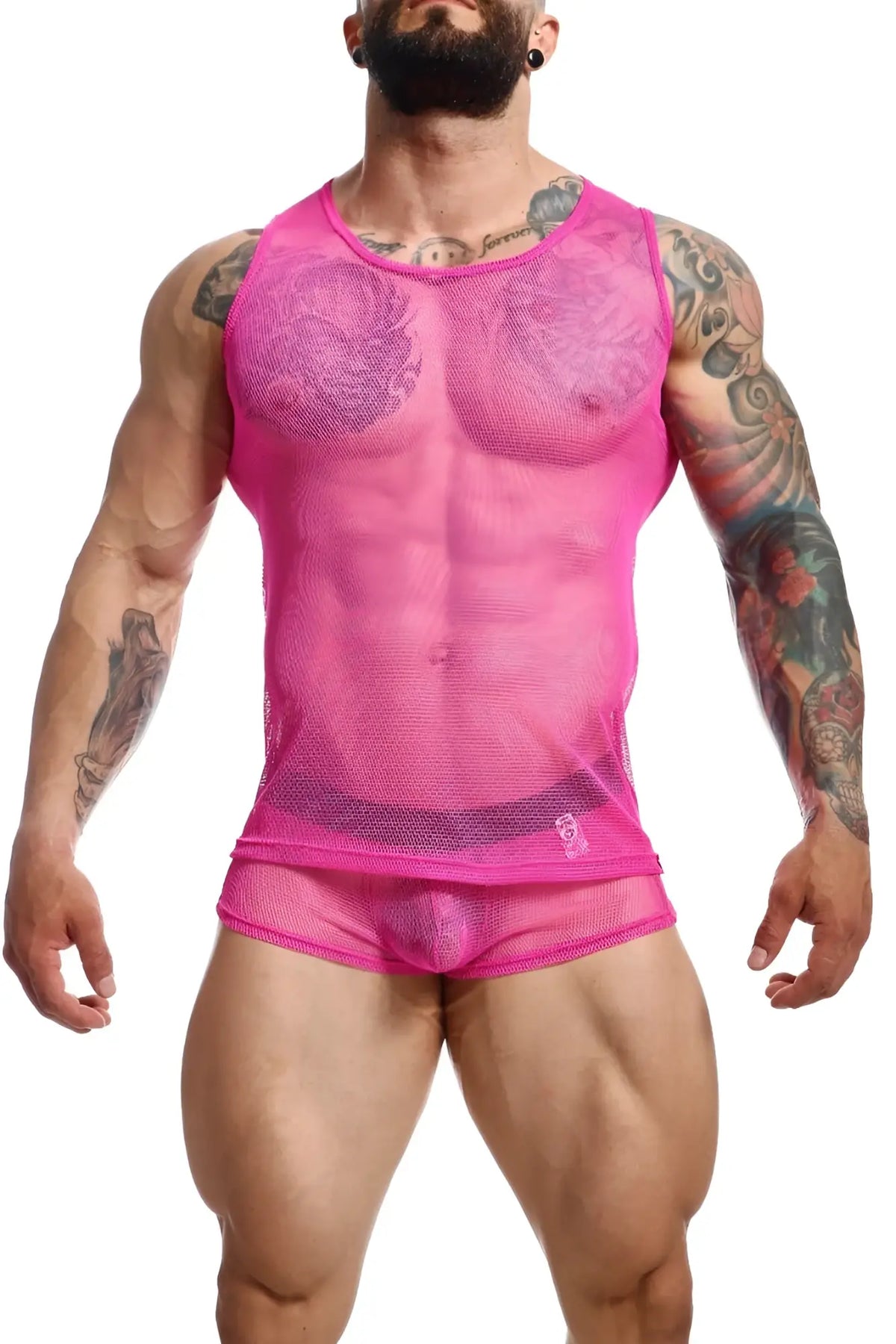 Bright pink mob fishnet boxer set with sheer mesh tank top and matching briefs featuring a form-fitting design