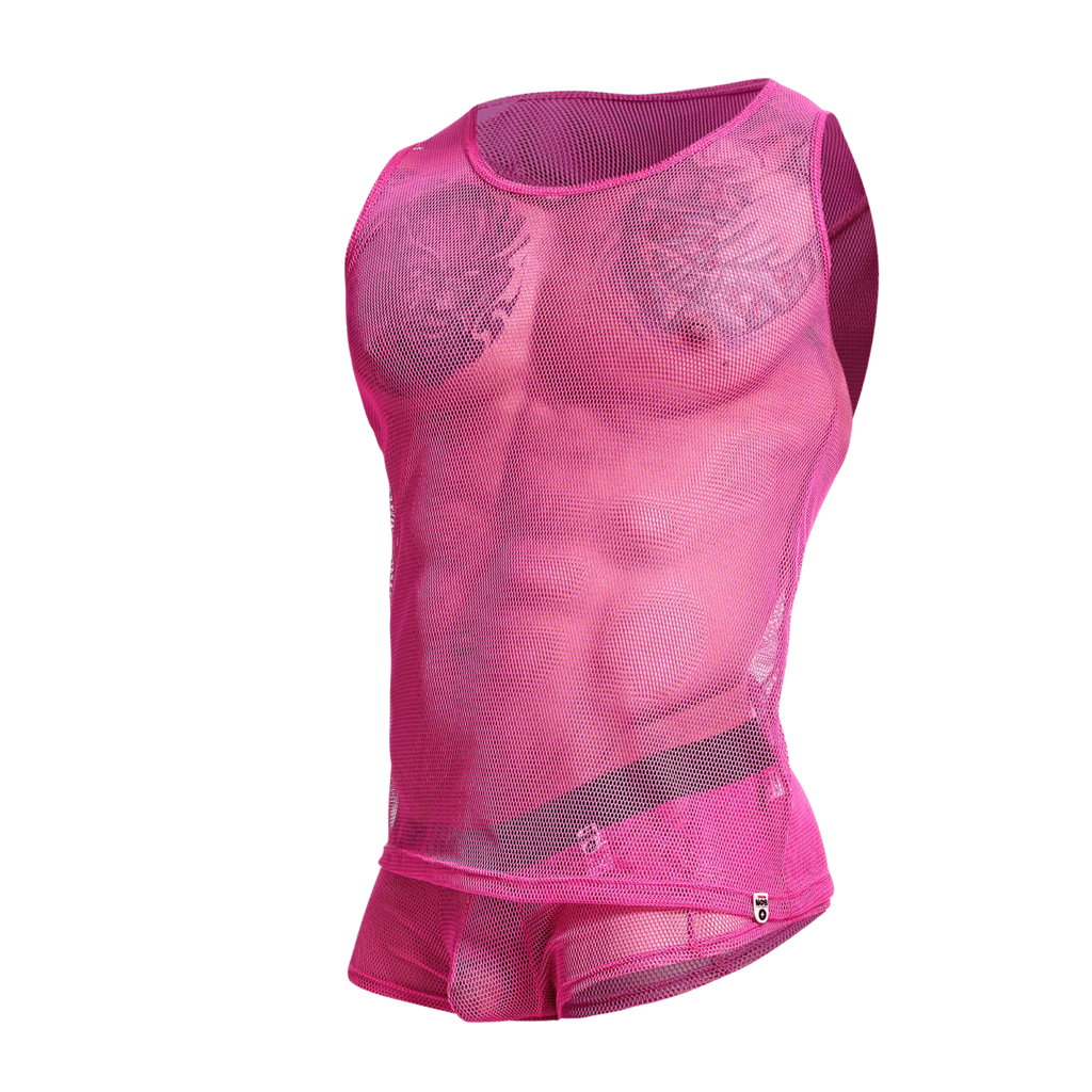 A vibrant hotpink mob fishnet tanktop with a fitted, form-fitting design made of breathable mesh material