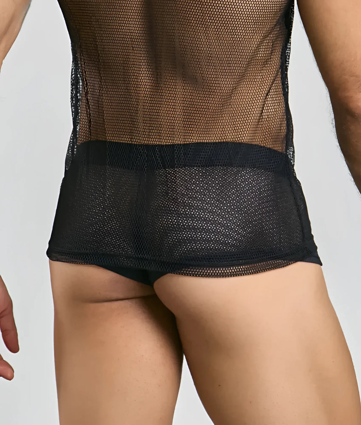 Black mesh MOB fishnet tanktop with solid black waistband showcasing breathable fishnet material